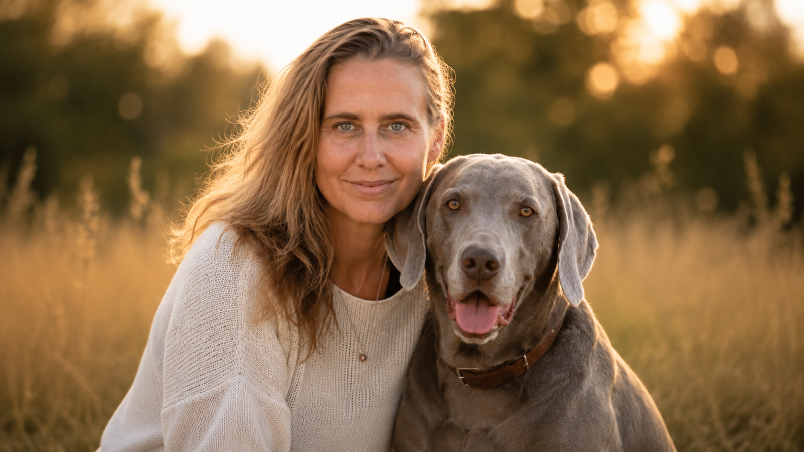 Andrea Röker mit ihrem Weimaraner im Abendlicht