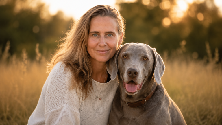 Andrea Röker mit ihrem Weimaraner im Abendlicht